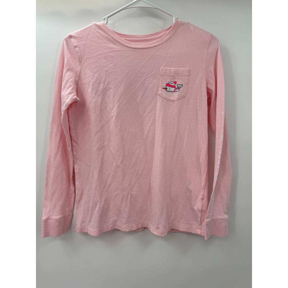Vineyard Vines Girls Pink Snowman Whale Long Sleeve Pocket T-Shirt Size L 14